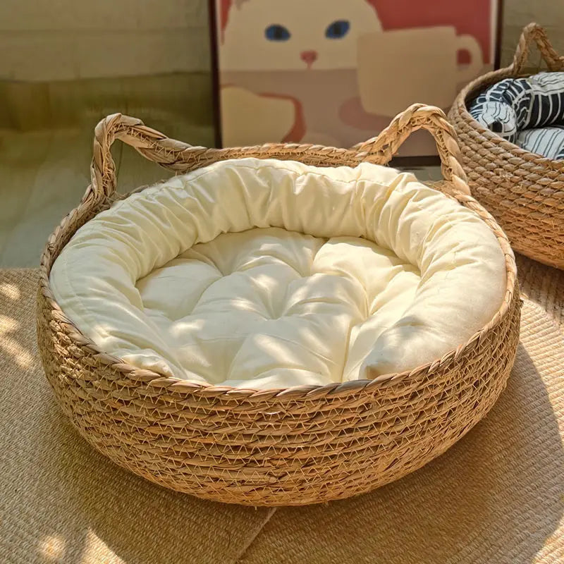 Rattan Woven Cat Bed with Cushion