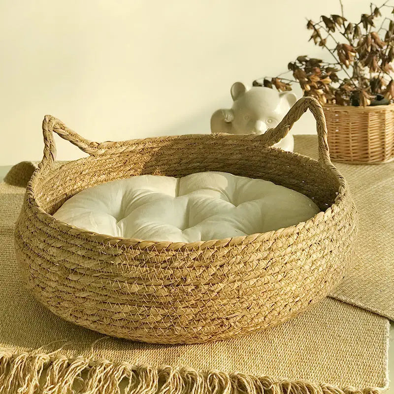 Rattan Woven Cat Bed with Cushion